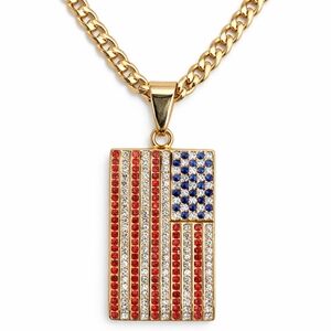 USA Gold Plated Stainless Steel 24" Chain 6mm Necklace American Flag Pendant